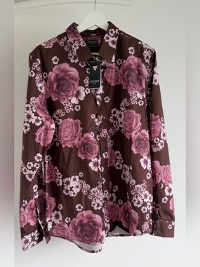 Guess Men's Brown Button-Down Shirt with Pink Floral Print